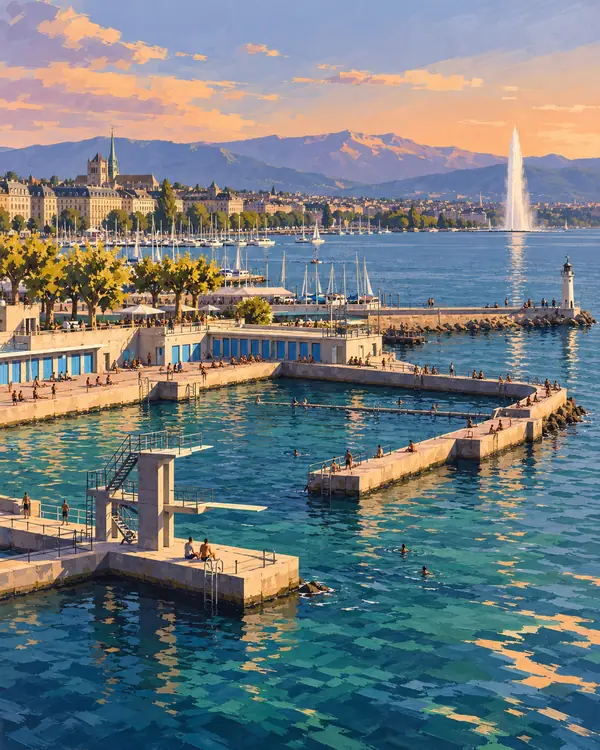 Carte postale illustrée : Bains des Pâquis.