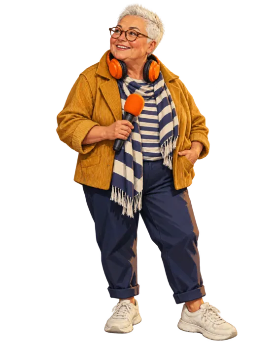 Jo, animatrice de Radio Lémanida, de face, un micro à bonnette orange à la main.