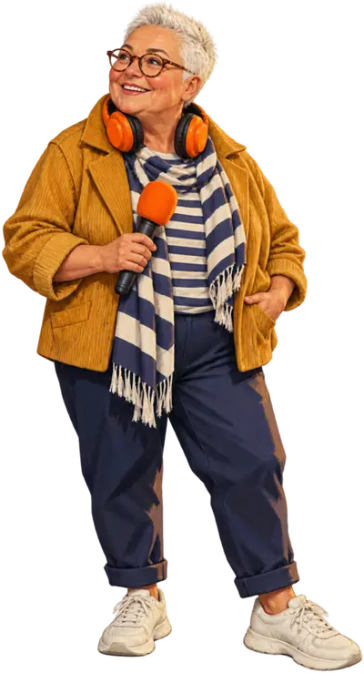 Jo, l'animatrice de Radio Lémanida, micro à la main et casque orange autour du cou, illustration.