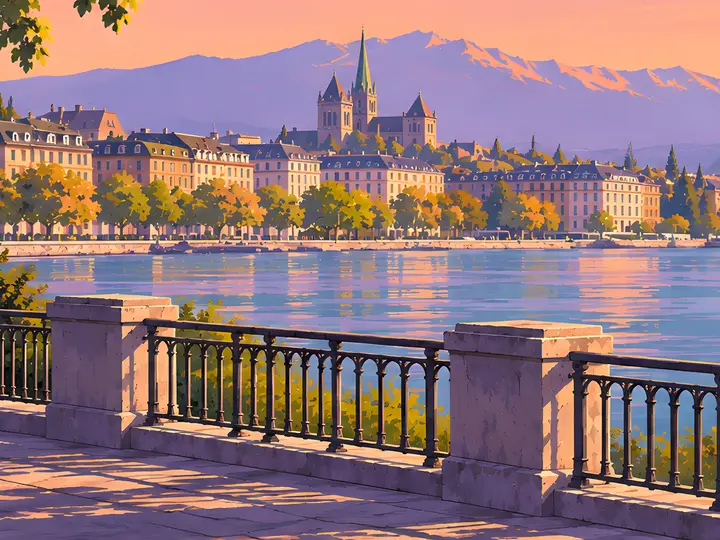 La rade de Genève au coucher du soleil, vue du quai : la cathédrale, les façades, le lac, illustration.